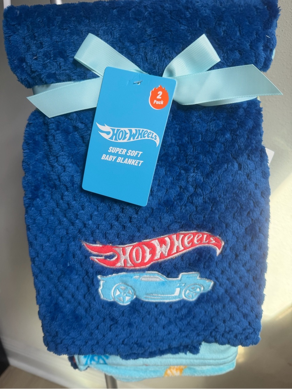 Hot Wheels Plush Baby Blanket - Royal Blue with Light Blue and Red Accents-2 Pc